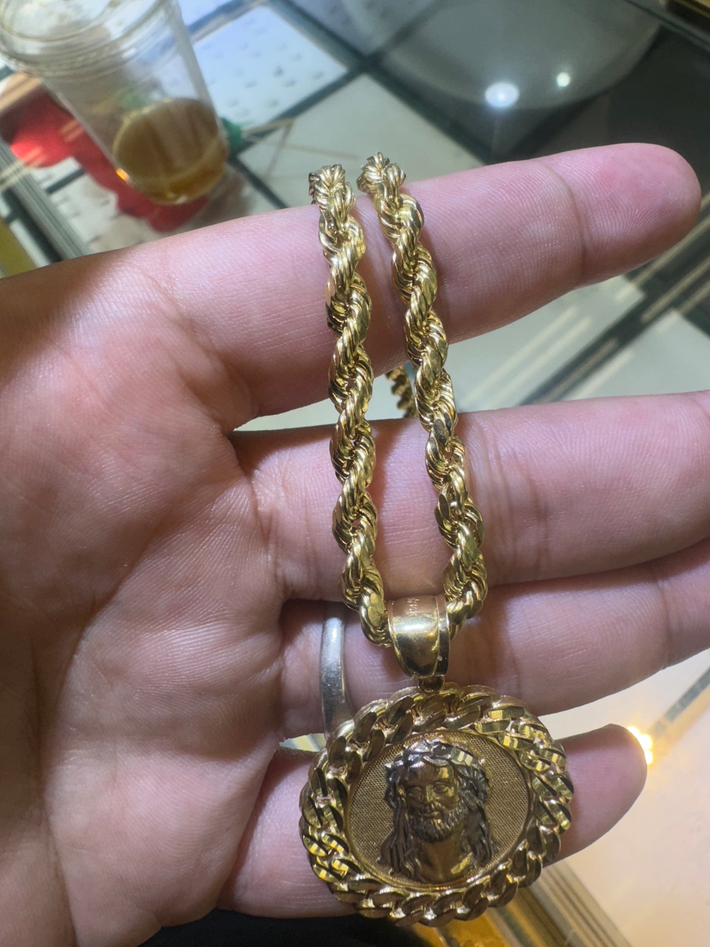 14k Solid Gold Jesus Pendant + 14k Hollow Real Gold Rope Chain 22 inches