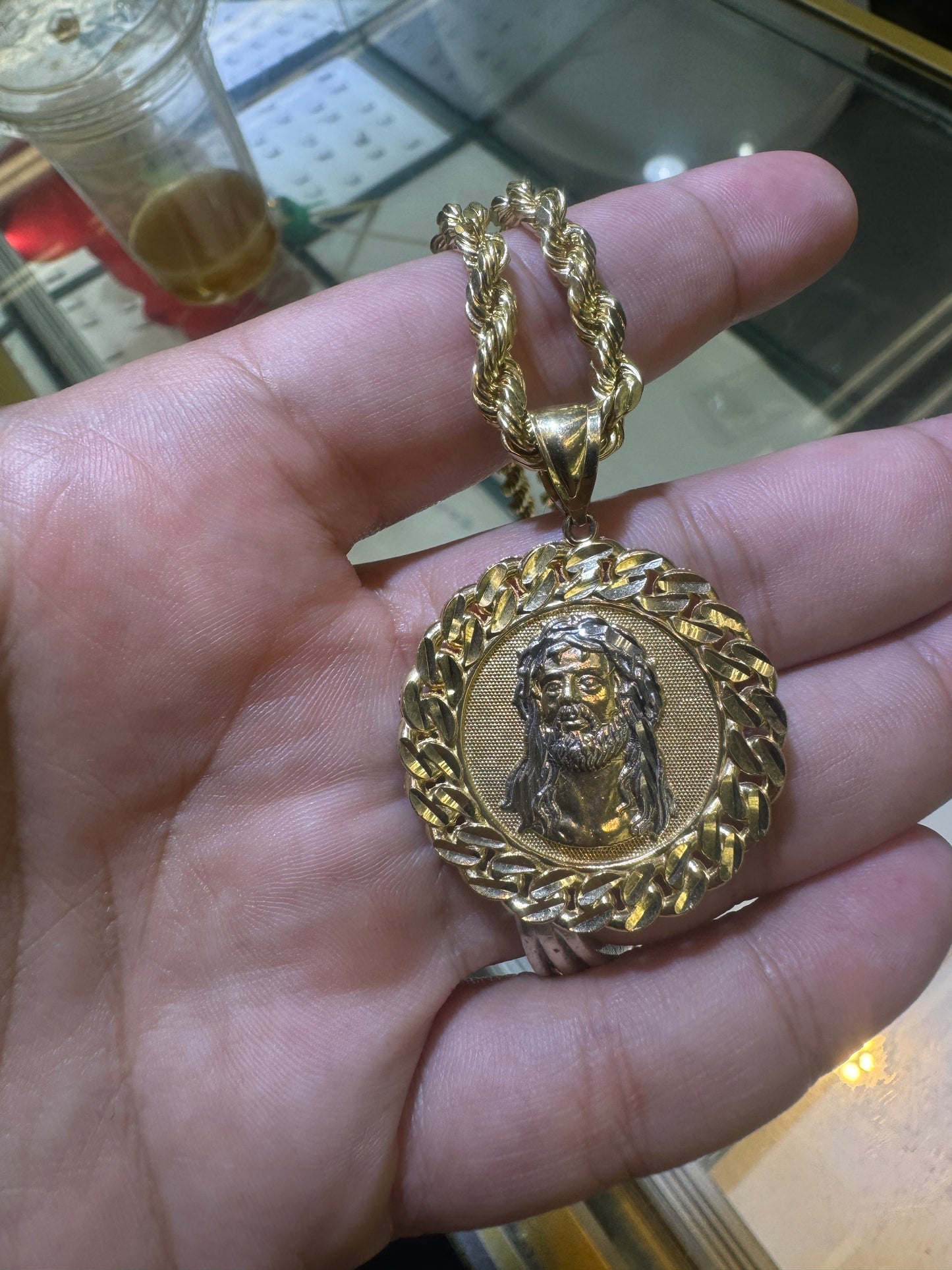 14k Solid Gold Jesus Pendant + 14k Hollow Real Gold Rope Chain 22 inches