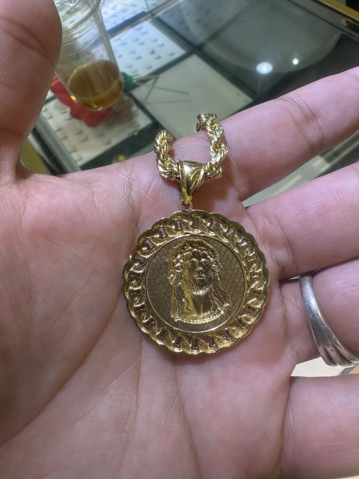 14k Solid Gold Jesus Pendant + 14k Hollow Real Gold Rope Chain 22 inches
