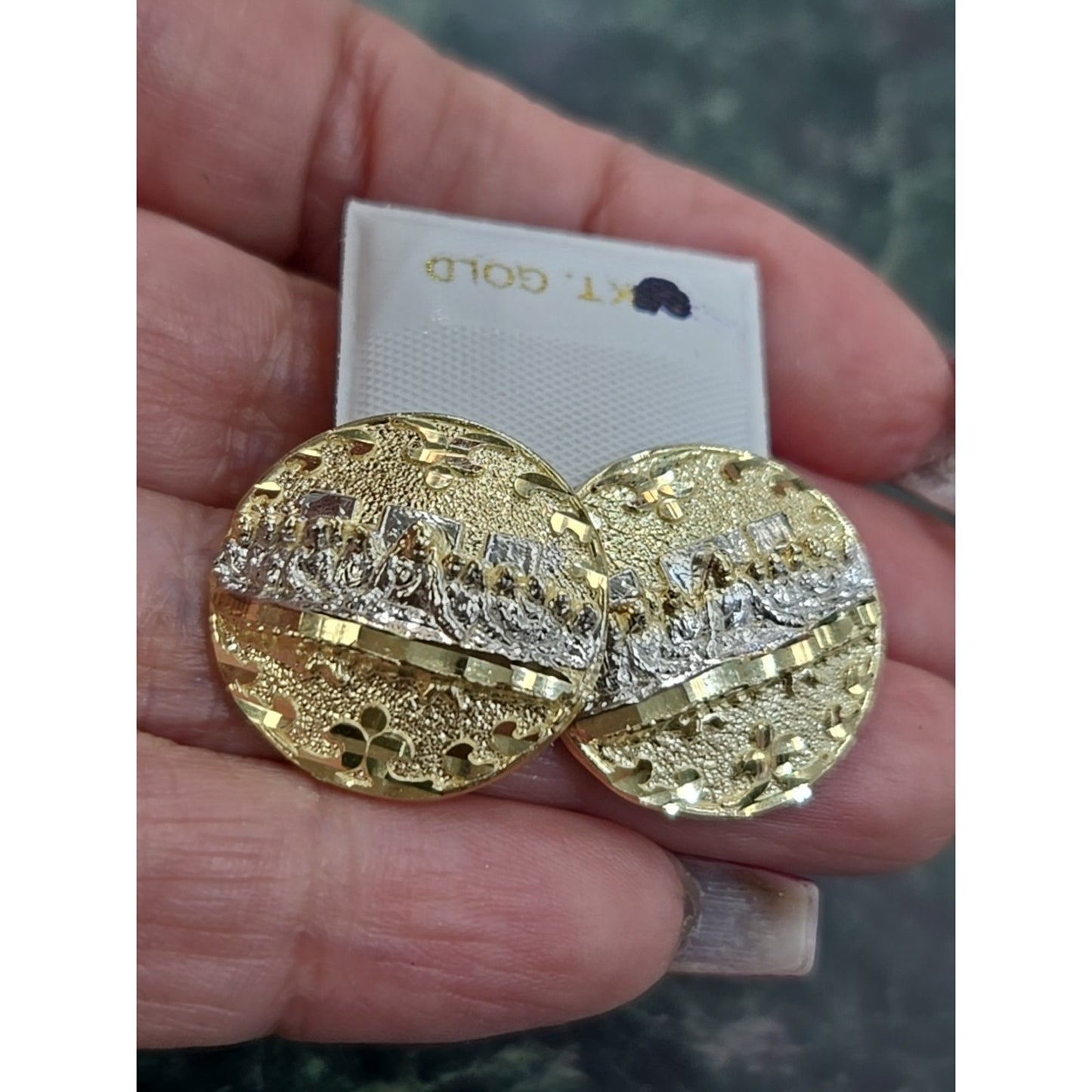 Big 10k yellow gold Last Supper Earrings 0.75 inch long Round