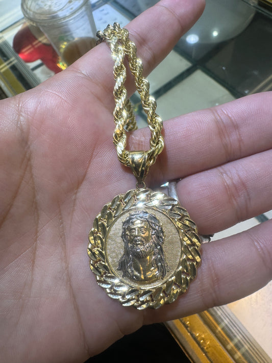 14k Solid Gold Jesus Pendant + 14k Hollow Real Gold Rope Chain 22 inches